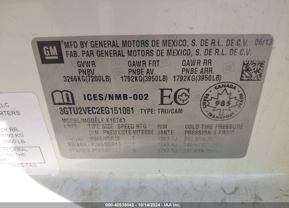 2014 GMC SIERRA 1500 SLT VIN: 3GTU2VEC2EG151081