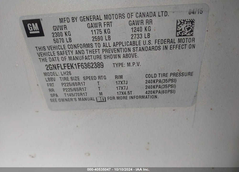 2015 CHEVROLET EQUINOX 1LT VIN: 2GNFLFEK1F6362389