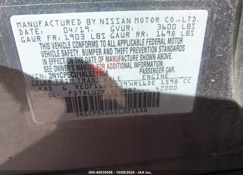 2019 NISSAN KICKS SR VIN: 3N1CP5CU1KL521158