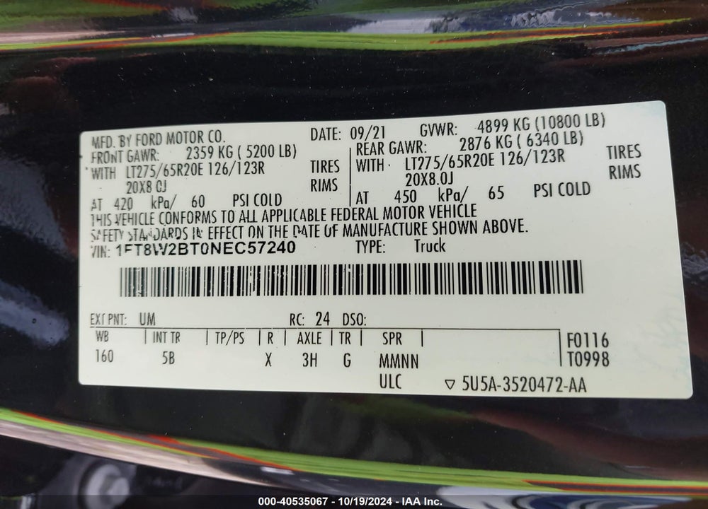 2022 FORD F-250 LARIAT VIN: 1FT8W2BT0NEC57240