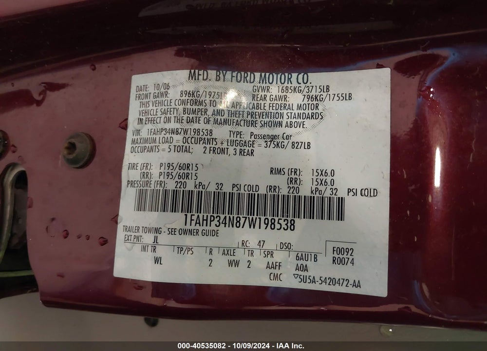 2007 FORD FOCUS S/SE/SES VIN: 1FAHP34N87W198538