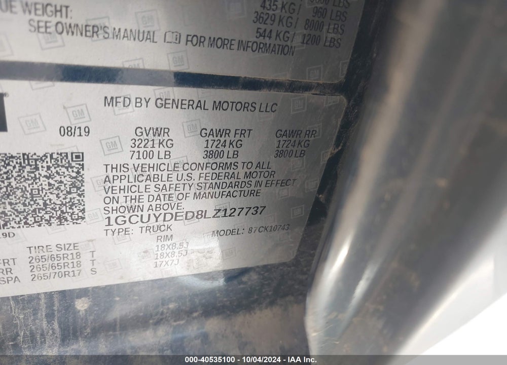 2020 CHEVROLET SILVERADO 1500 VIN: 1GCUYDED8LZ127737