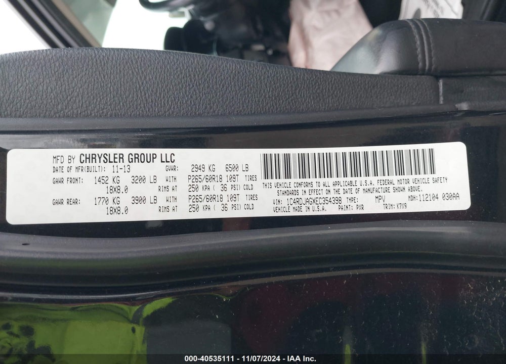 2014 DODGE DURANGO SXT VIN: 1C4RDJAGXEC354398