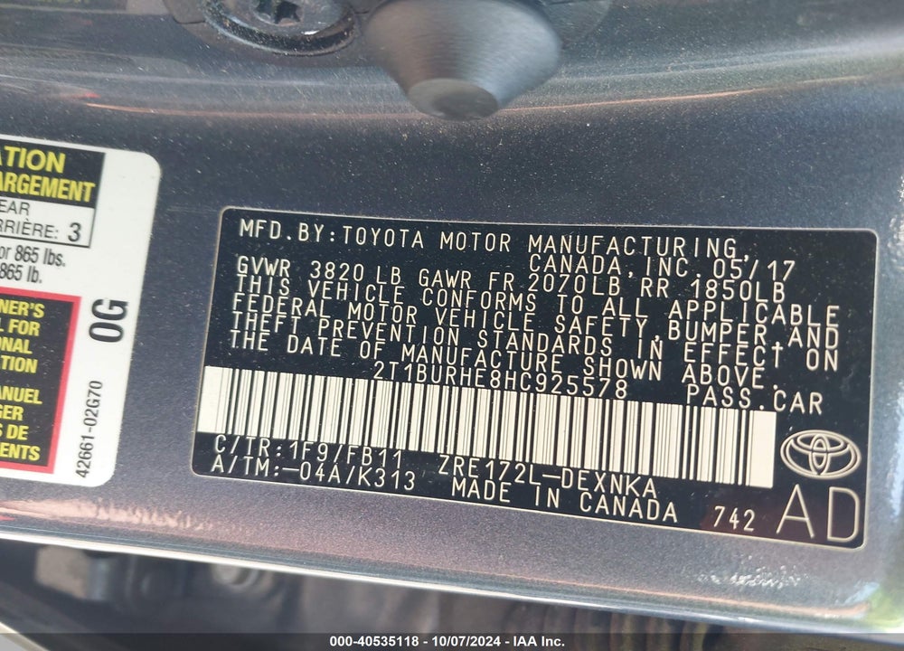 2017 TOYOTA COROLLA LE VIN: 2T1BURHE8HC925578