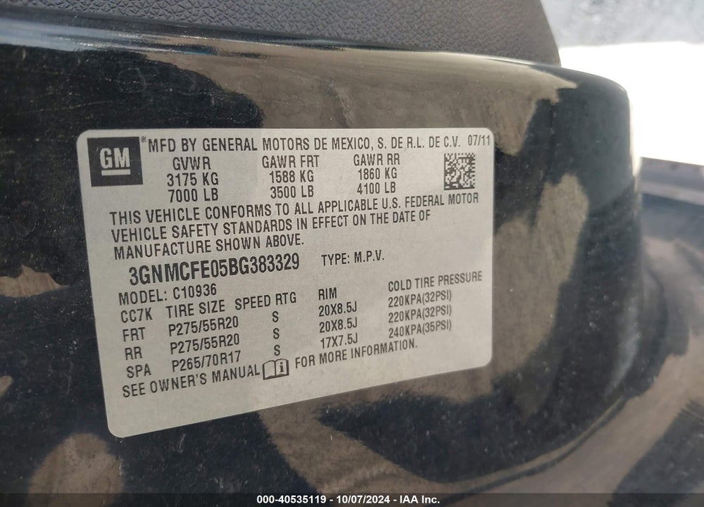 2011 CHEVROLET AVALANCHE 1500 LT1 VIN: 3GNMCFE05BG383329