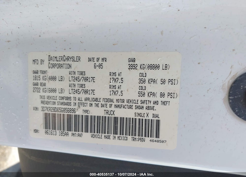 2005 DODGE RAM 2500 ST VIN: 3D7KR28D65G856896