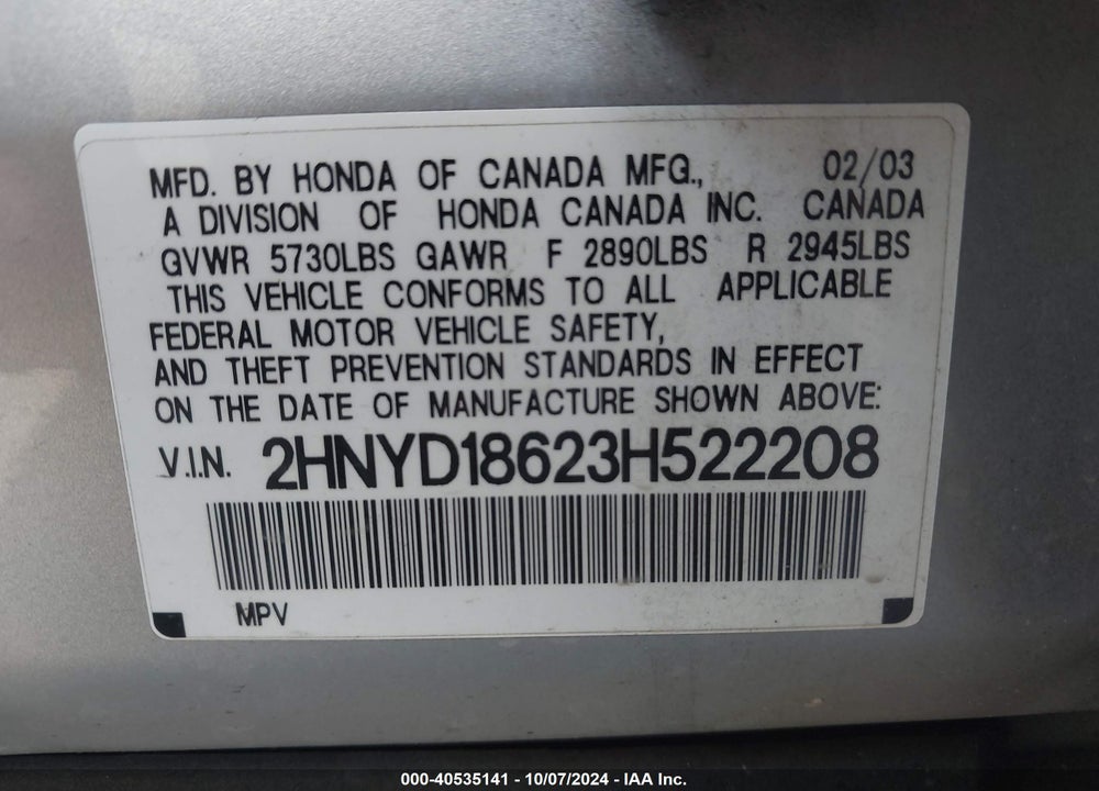 2003 ACURA MDX VIN: 2HNYD18623H522208
