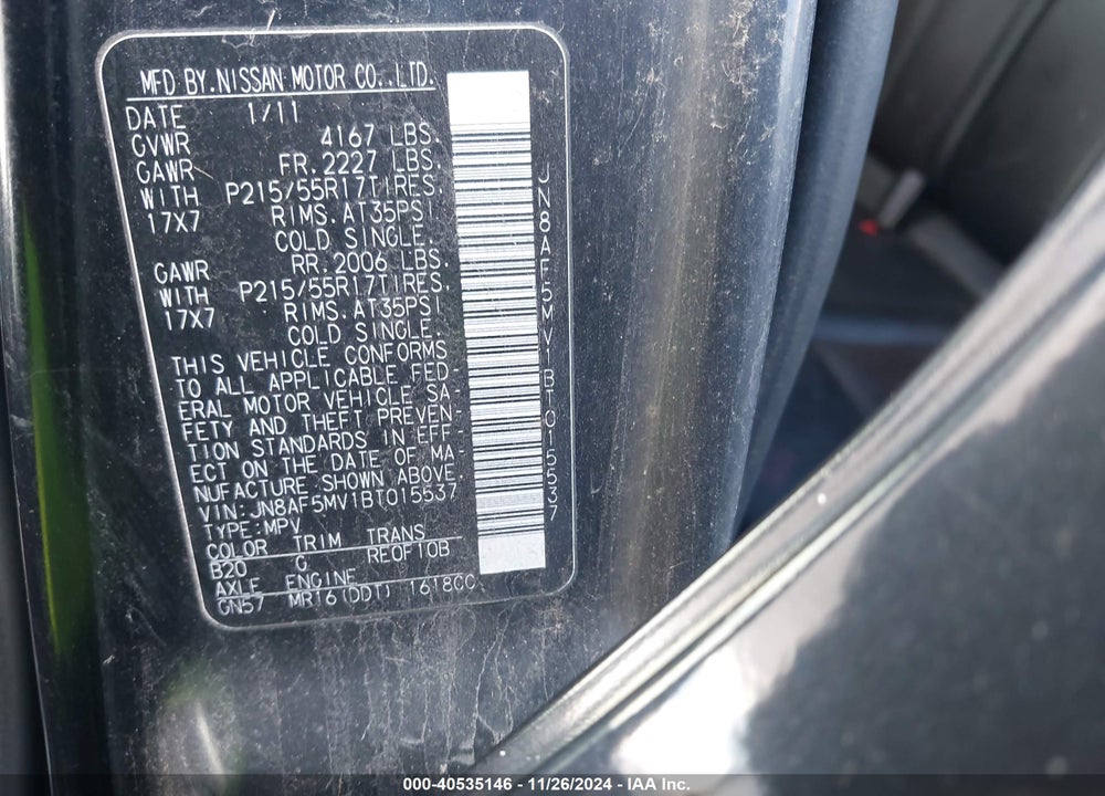 2011 NISSAN JUKE SL VIN: JN8AF5MV1BT015537