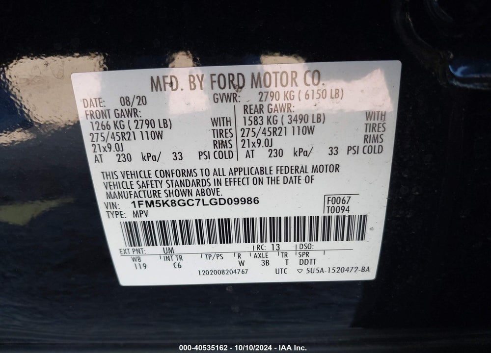 2020 FORD EXPLORER ST VIN: 1FM5K8GC7LGD09986