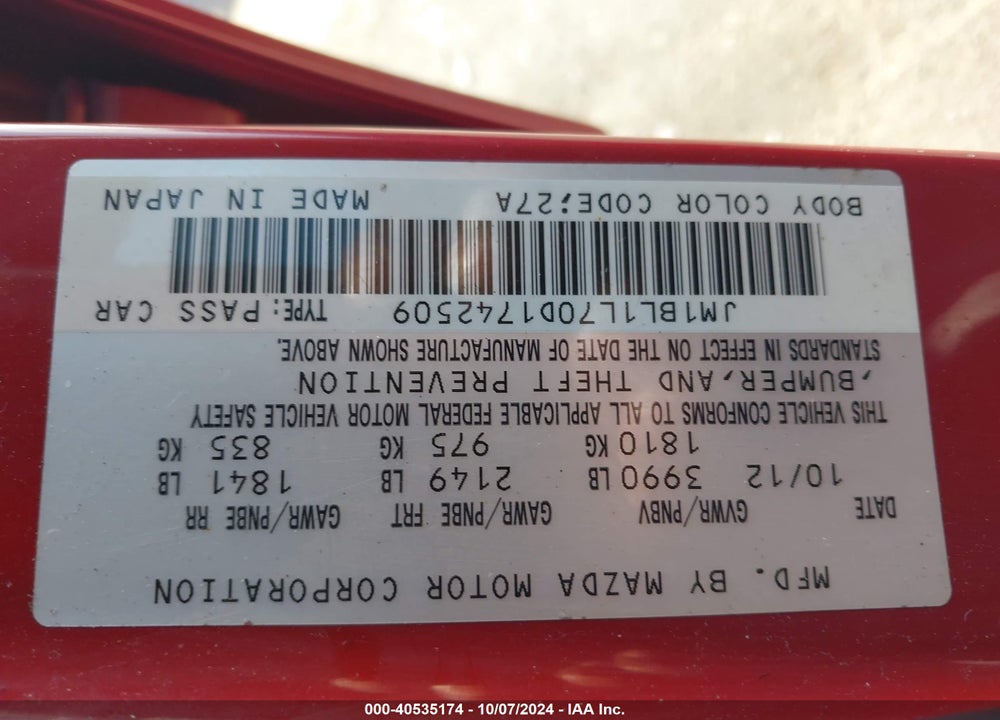 2013 MAZDA 3 I TOURING VIN: JM1BL1L70D1742509