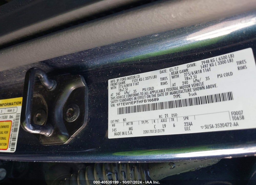 2017 FORD F-150 XLT VIN: 1FTEW1EP7HFB16689