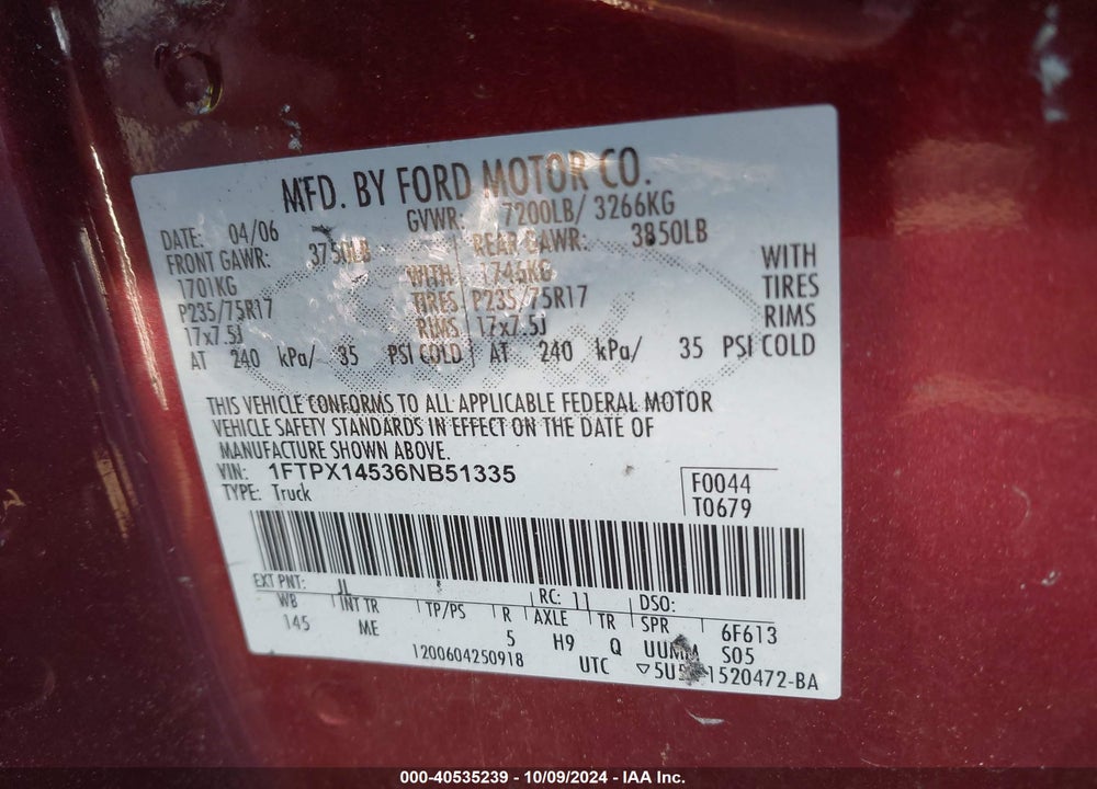 2006 FORD F-150 FX4/LARIAT/XL/XLT VIN: 1FTPX14536NB51335