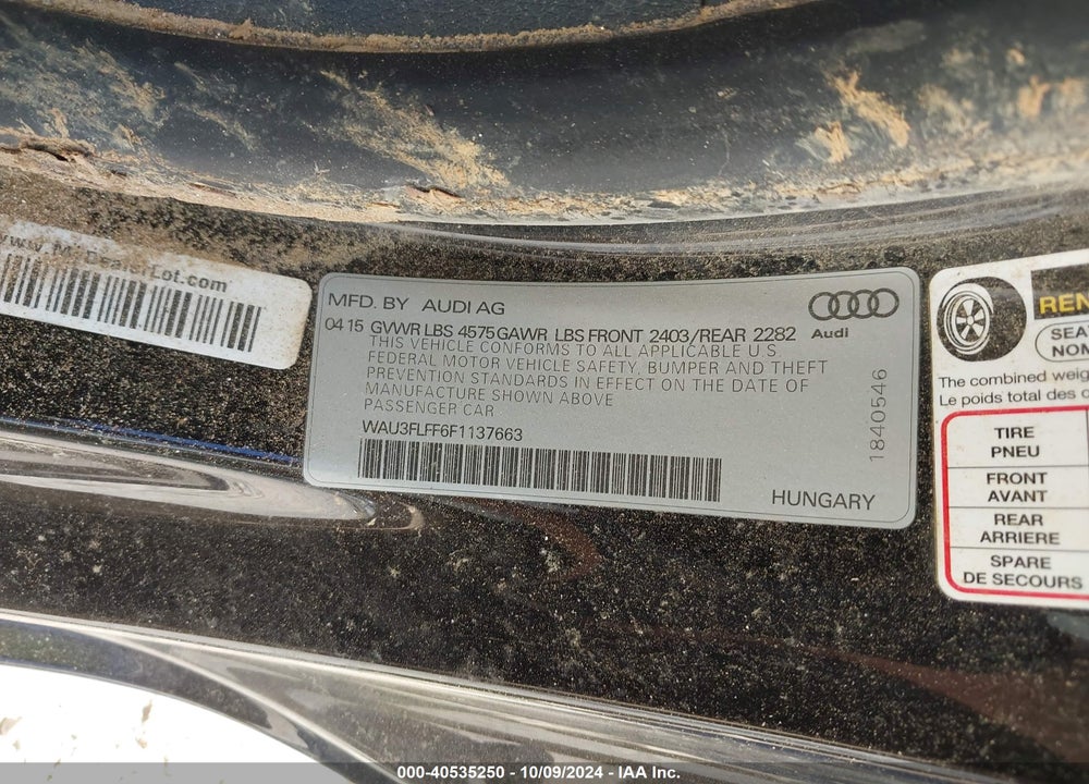 2015 AUDI A3 2.0T PREMIUM VIN: WAU3FLFF6F1137663