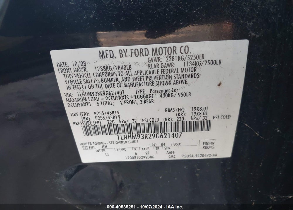 2009 LINCOLN MKS VIN: 1LNHM93R29G621407