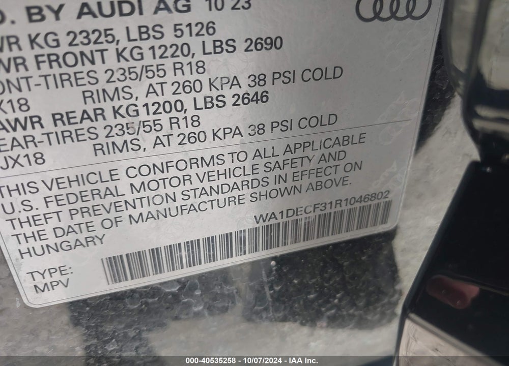 2024 AUDI Q3 PREMIUM 45 TFSI S LINE QUATTRO TIPTRONIC VIN: WA1DECF31R1046802