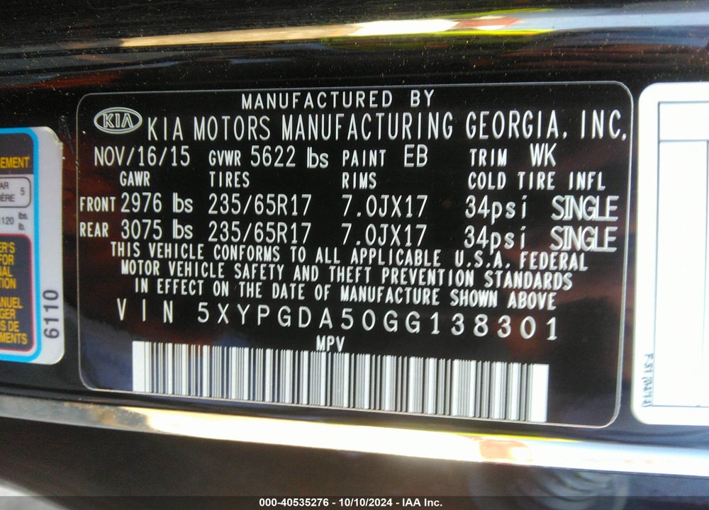 2016 KIA SORENTO 3.3L LX VIN: 5XYPGDA50GG138301
