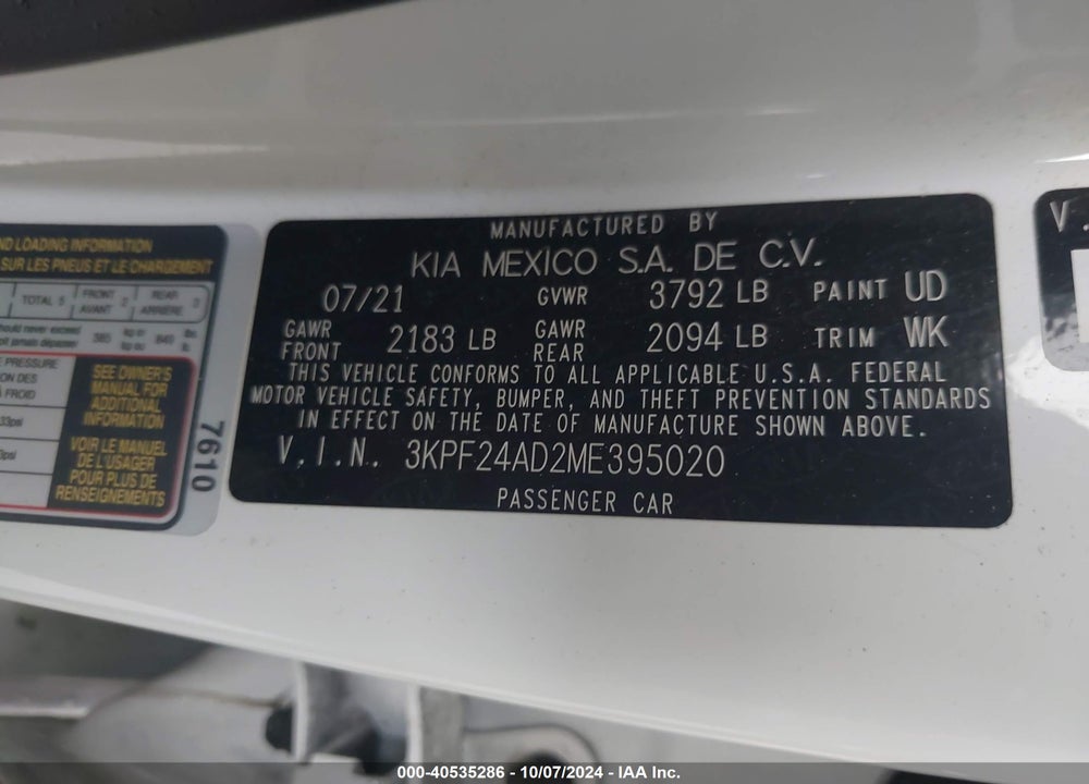 2021 KIA FORTE LXS VIN: 3KPF24AD2ME395020