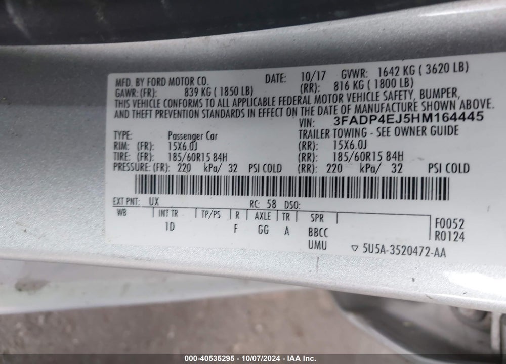 2017 FORD FIESTA SE VIN: 3FADP4EJ5HM164445