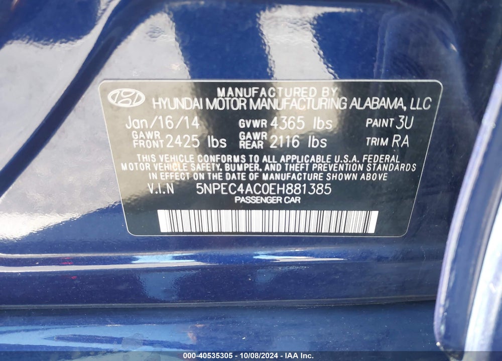 2014 HYUNDAI SONATA SE VIN: 5NPEC4AC0EH881385