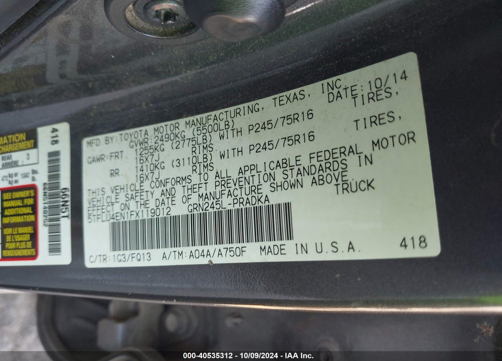 2015 TOYOTA TACOMA BASE V6 VIN: 5TFLU4EN1FX119012