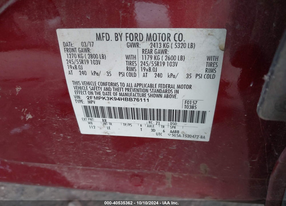 2017 FORD EDGE TITANIUM VIN: 2FMPK3K94HBB76111