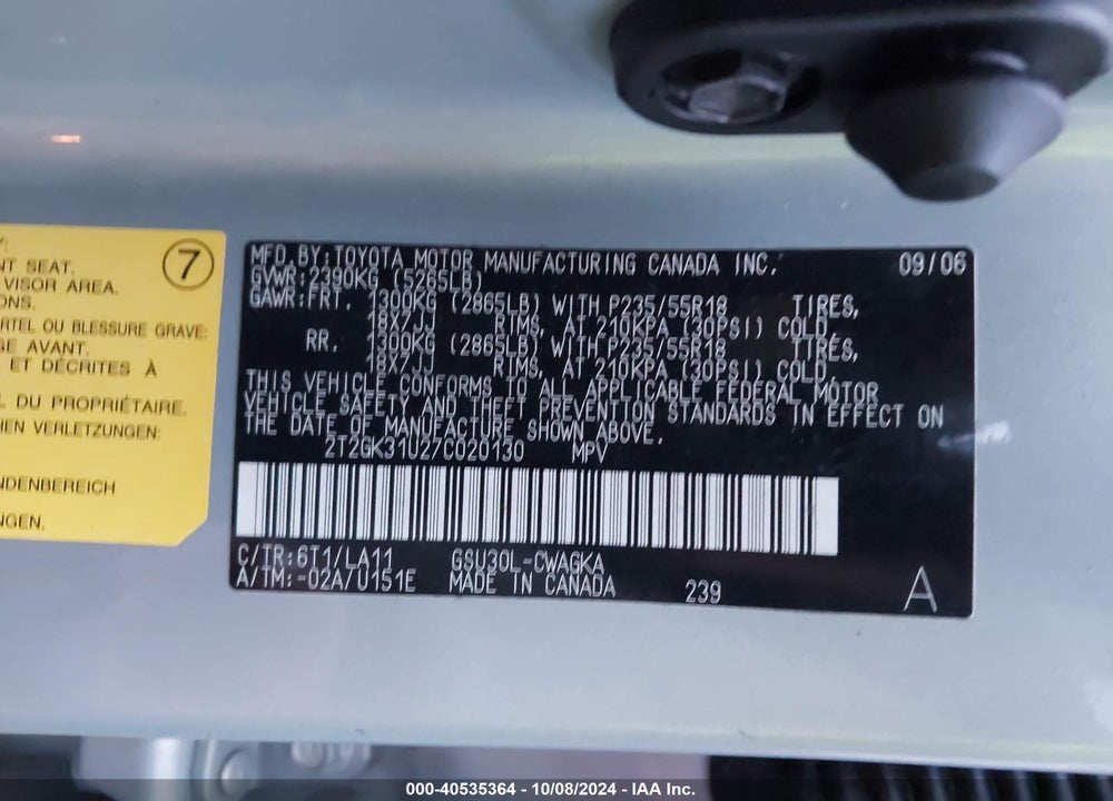 2007 LEXUS RX 350 VIN: 2T2GK31U27C020130