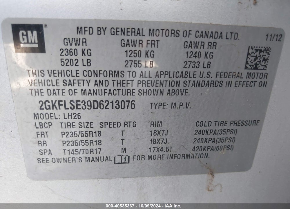 2013 GMC TERRAIN SLE-2 VIN: 2GKFLSE39D6213076
