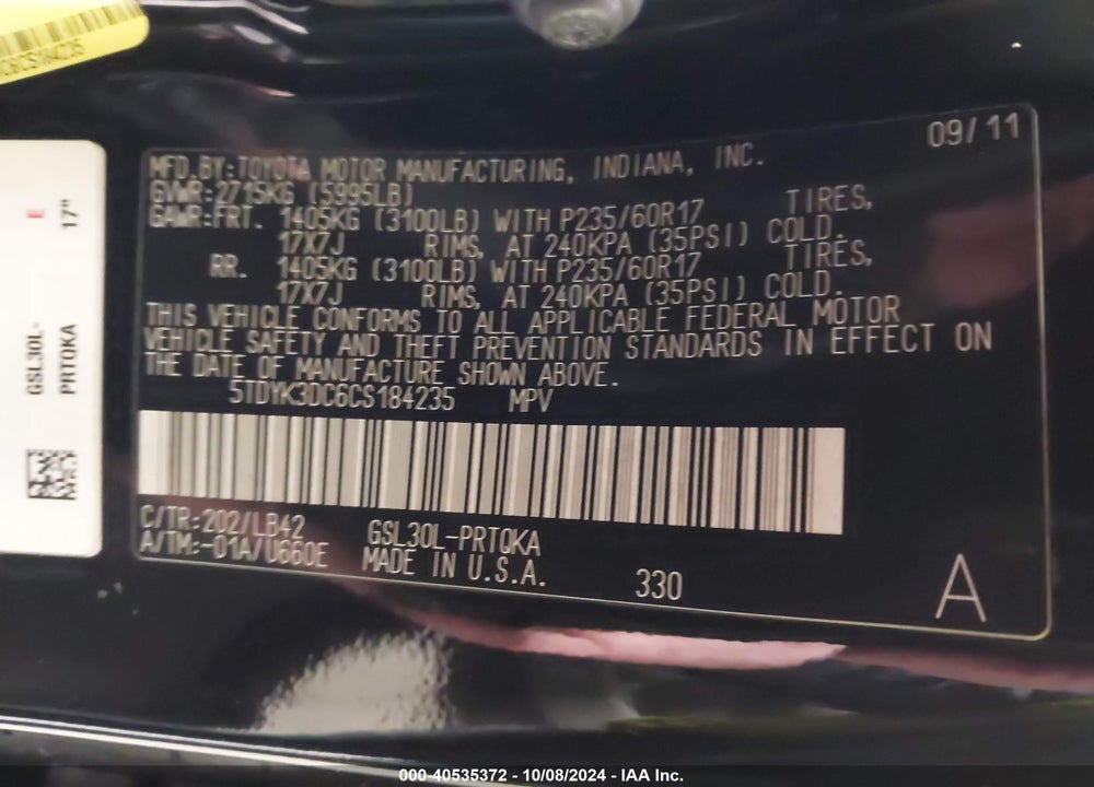 2012 TOYOTA SIENNA XLE V6 8 PASSENGER VIN: 5TDYK3DC6CS184235
