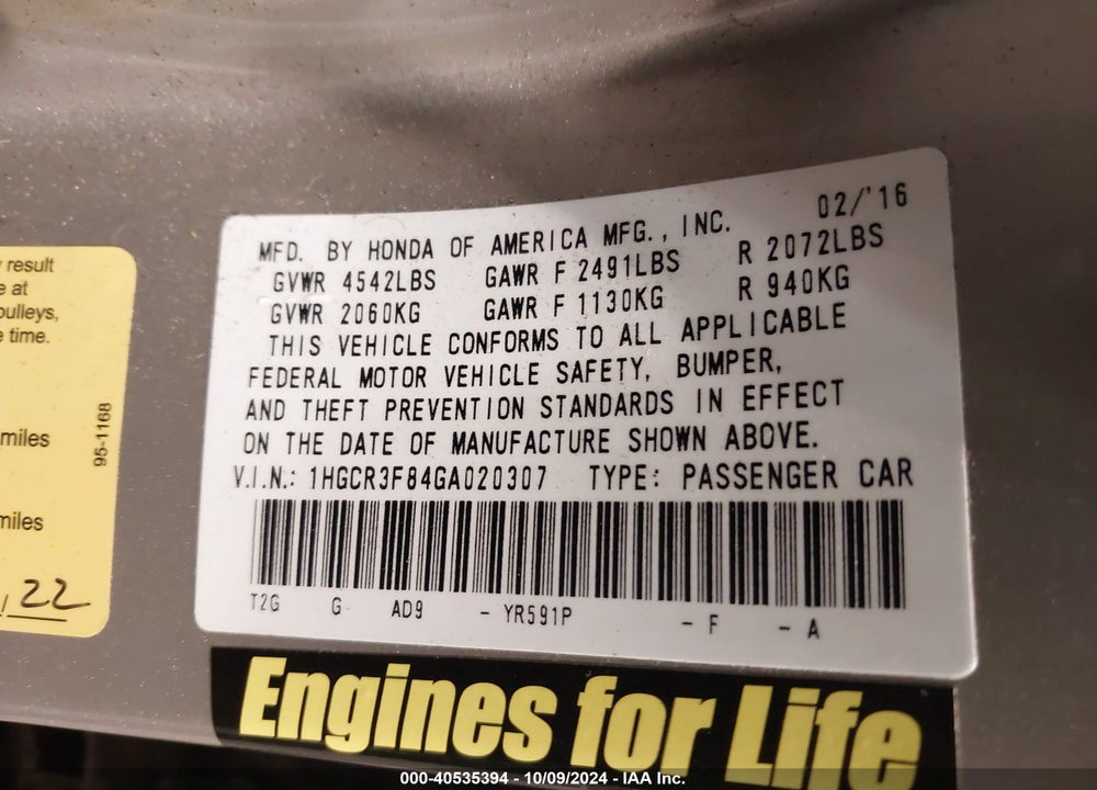 2016 HONDA ACCORD EX-L V-6 VIN: 1HGCR3F84GA020307
