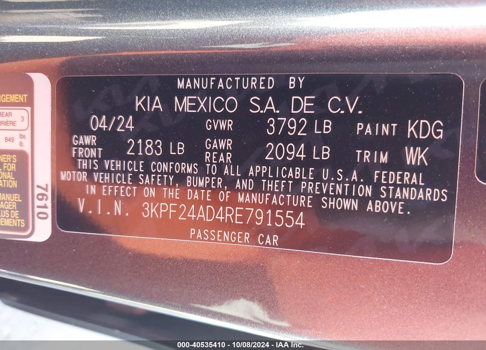 2024 KIA FORTE LXS VIN: 3KPF24AD4RE791554