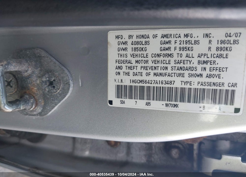 2007 HONDA ACCORD 2.4 LX VIN: 1HGCM56427A163487