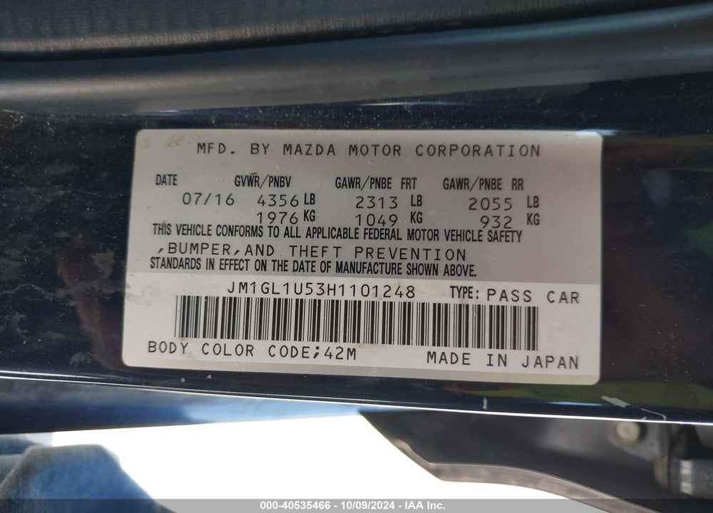 2017 MAZDA 6 SPORT VIN: JM1GL1U53H1101248