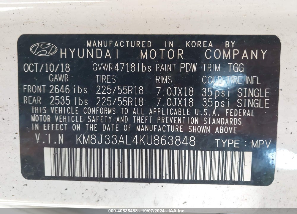 2019 HYUNDAI TUCSON SEL VIN: KM8J33AL4KU863848