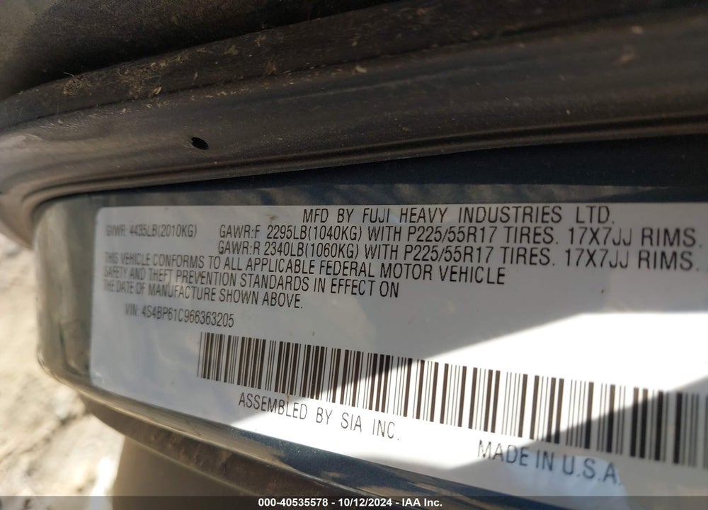 2006 SUBARU OUTBACK VIN: 4S4BP61C966363205