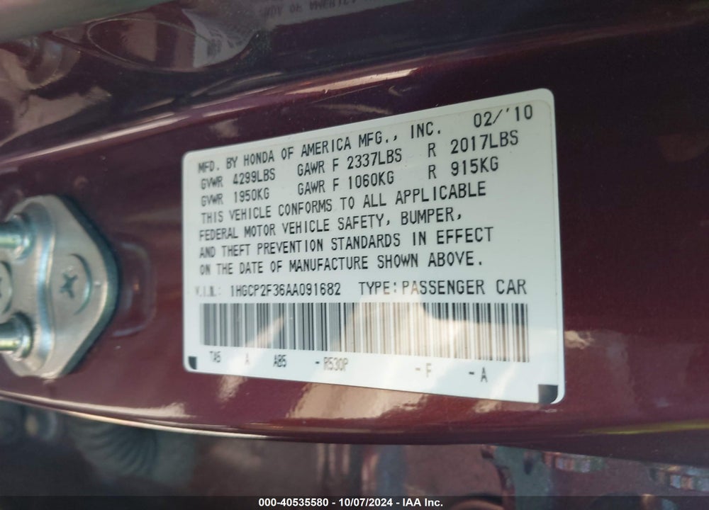 2010 HONDA ACCORD 2.4 LX VIN: 1HGCP2F36AA091682