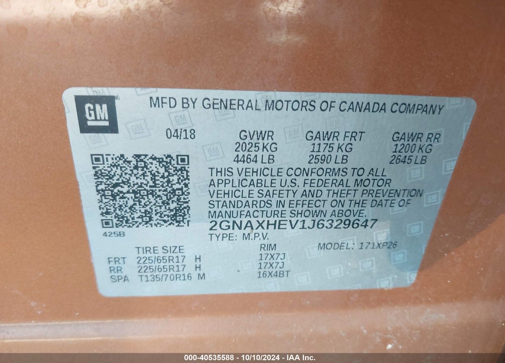 2018 CHEVROLET EQUINOX LS VIN: 2GNAXHEV1J6329647