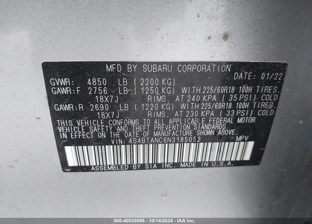 2022 SUBARU OUTBACK LIMITED VIN: 4S4BTANC6N3185052