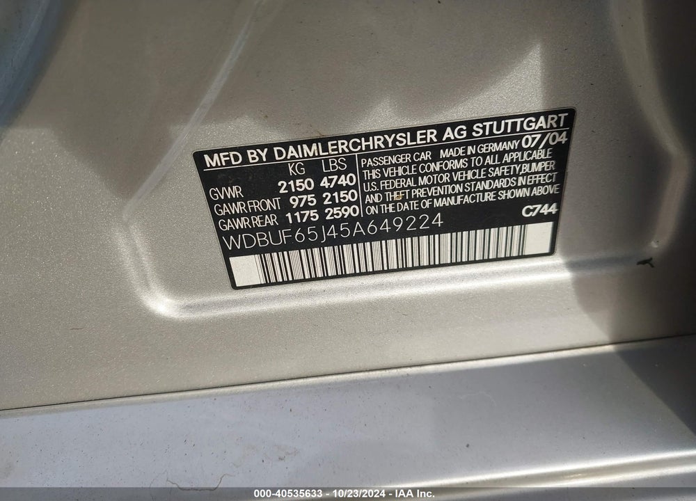 2005 MERCEDES-BENZ E 320 VIN: WDBUF65J45A649224