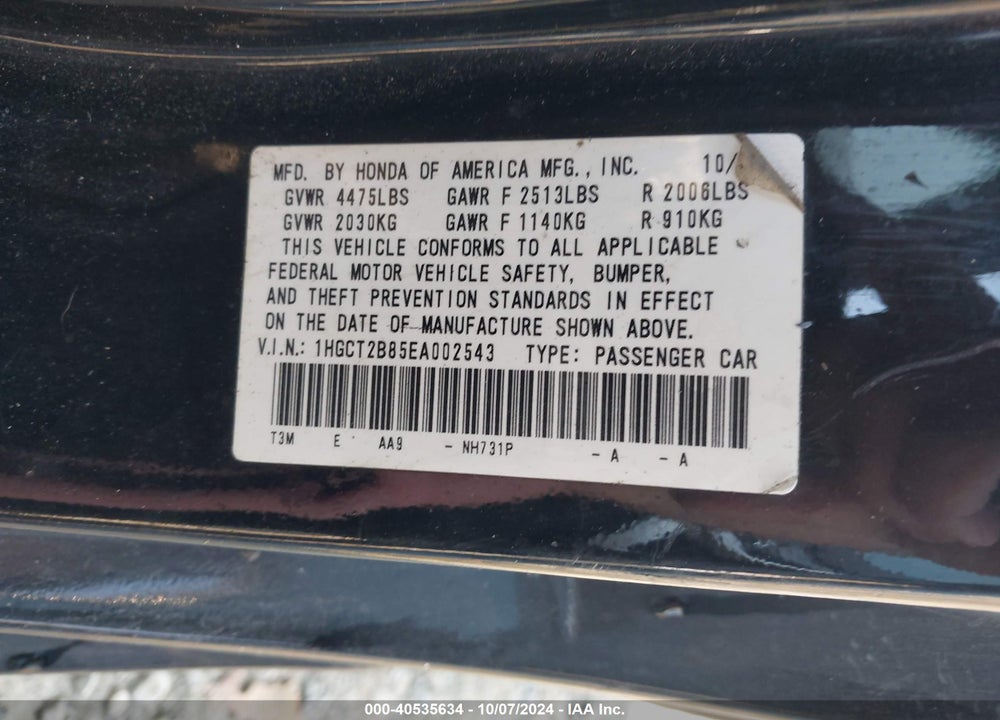 2014 HONDA ACCORD EX-L V-6 VIN: 1HGCT2B85EA002543
