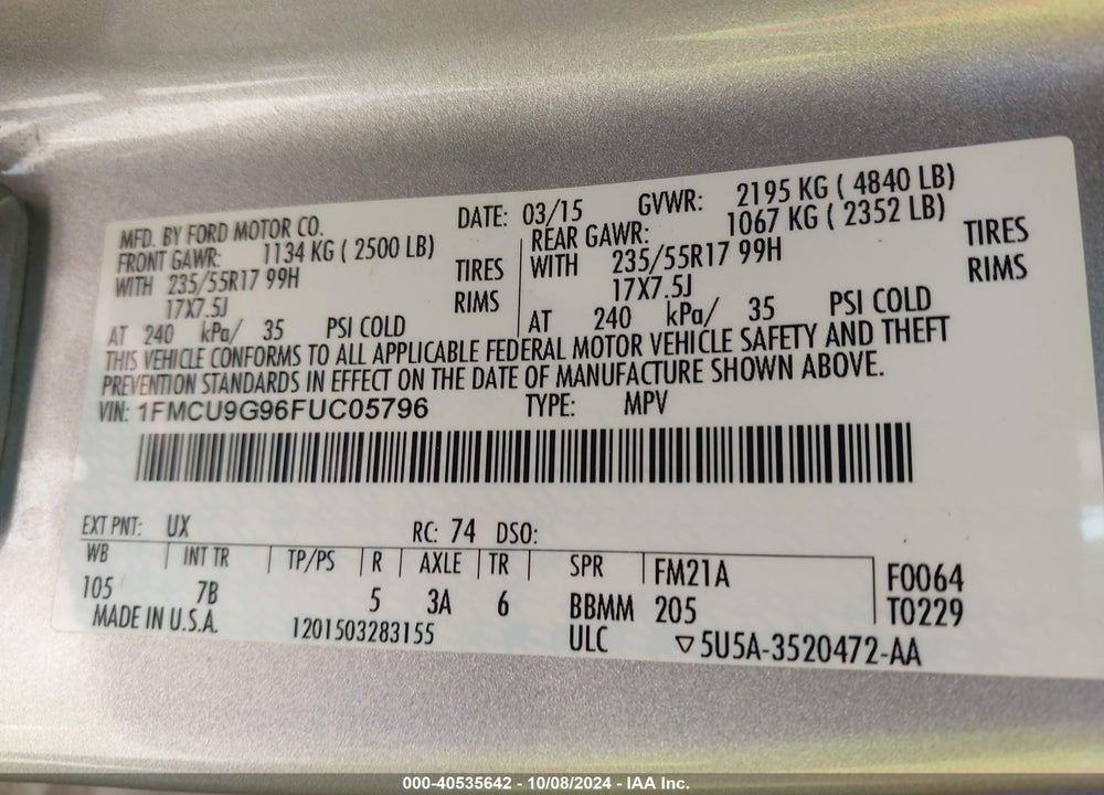 2015 FORD ESCAPE SE VIN: 1FMCU9G96FUC05796