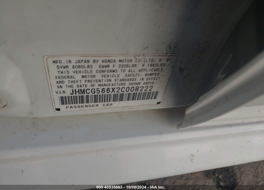 2002 HONDA ACCORD 2.3 EX VIN: JHMCG566X2C008222