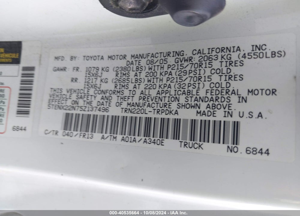 2005 TOYOTA TACOMA VIN: 5TENX22N75Z137496