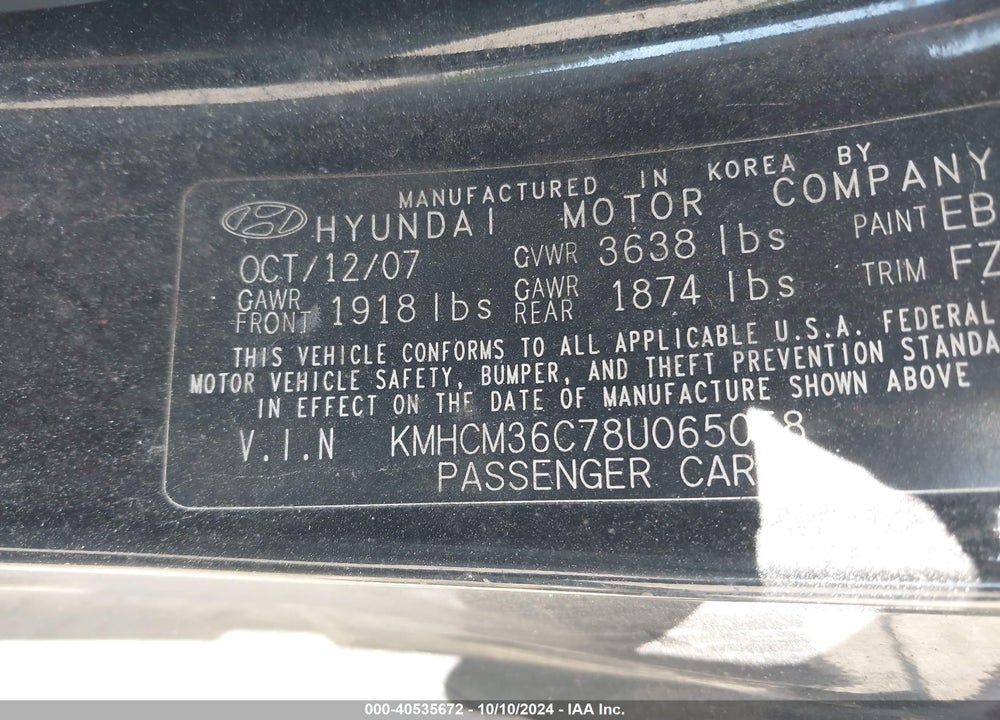 2008 HYUNDAI ACCENT GS VIN: KMHCM36C78U065058