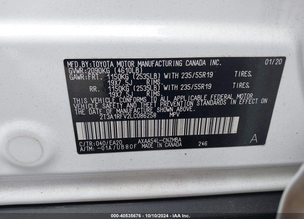 2020 TOYOTA RAV4 XLE PREMIUM VIN: 2T3A1RFV2LC086258
