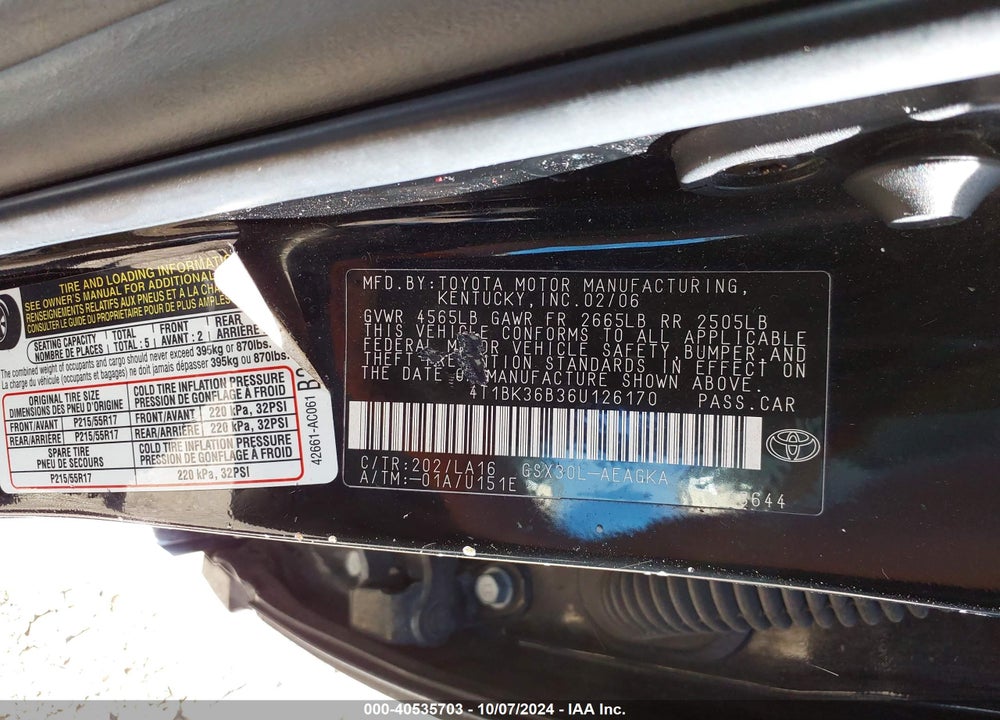 2006 TOYOTA AVALON XLS VIN: 4T1BK36B36U126170