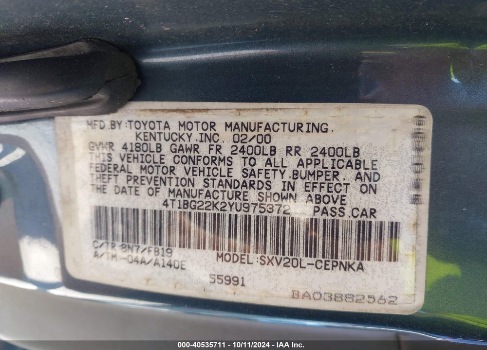2000 TOYOTA CAMRY LE VIN: 4T1BG22K2YU975372