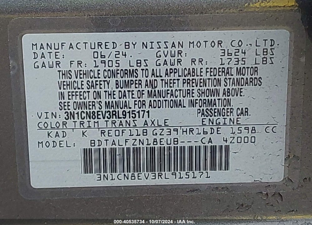 2024 NISSAN VERSA 1.6 SV VIN: 3N1CN8EV3RL915171