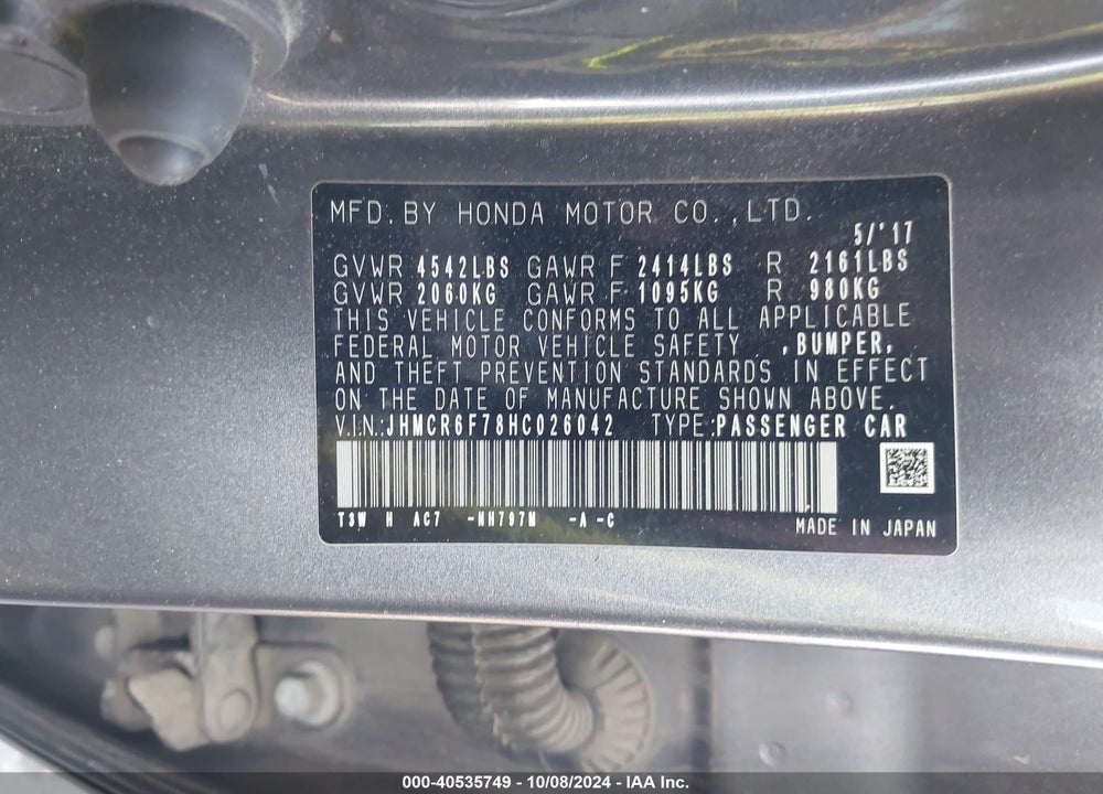 2017 HONDA ACCORD HYBRID TOURING VIN: JHMCR6F78HC026042