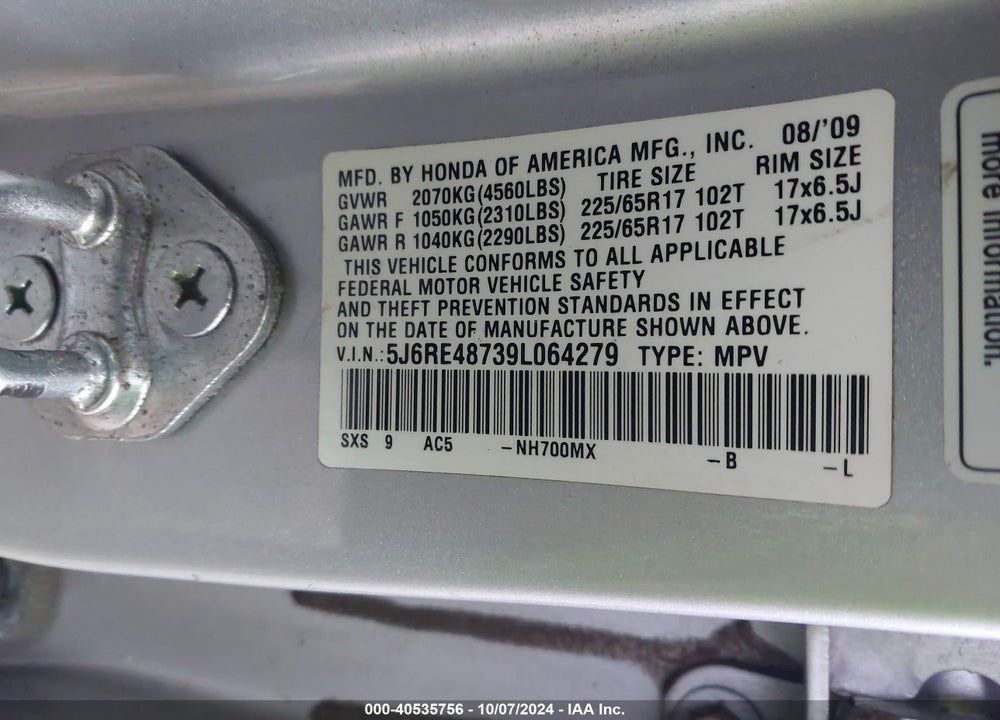 2009 HONDA CR-V EX-L VIN: 5J6RE48739L064279