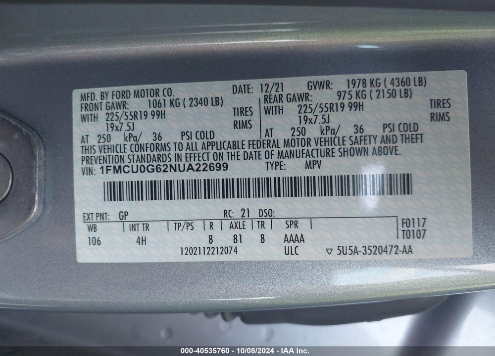 2022 FORD ESCAPE SE VIN: 1FMCU0G62NUA22699